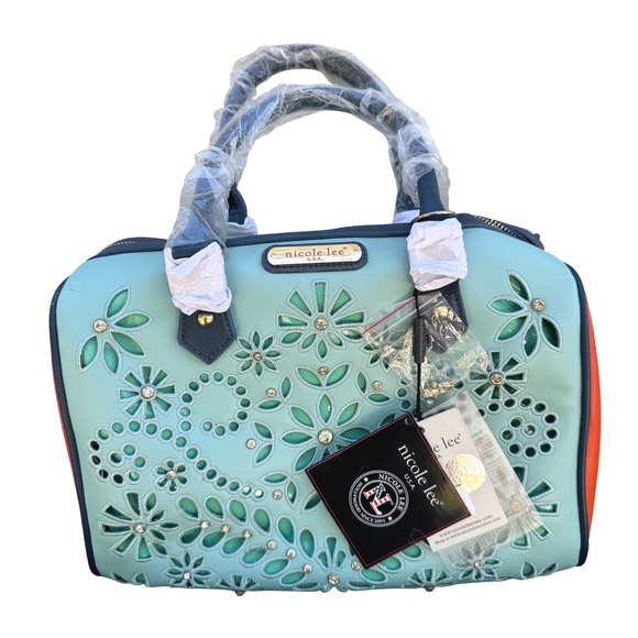 Nicole Lee USA Blue Floral Laser Cut Satchel Bag Rhinestone  New Color Block - Picture 1 of 13